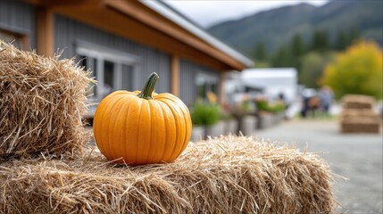Pumpkin atop hay bales captures golden hour light while people relax and enjoy the vibrant farm atmosphere during autumn