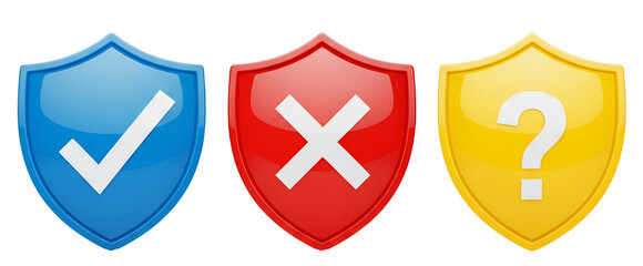 Obraz premium Three colored shields with check mark cross and question mark symbols png isolated on transparent background