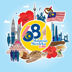 Vector illustration. Malaysia Independence Day, 31 August. 68 years independence day. Malaysia day banner and poster design for social media and print media