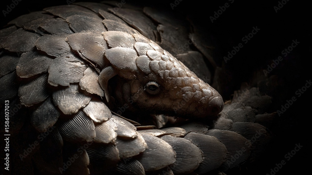 Poster pangolin curled into a ball in soft light with space for messaging