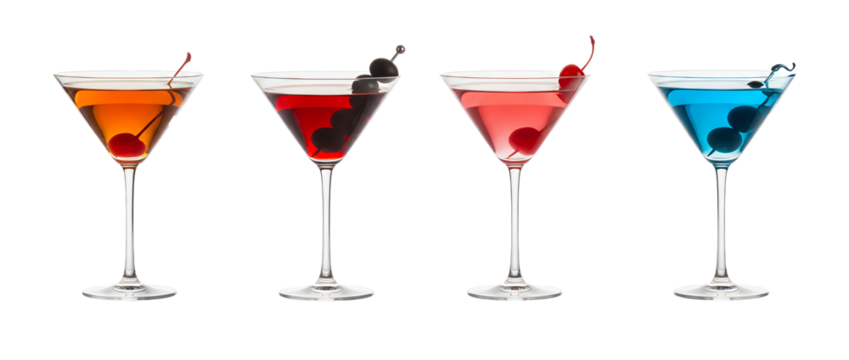Four assorted colorful alcoholic cocktails with cherries and olives png isolated on transparent background