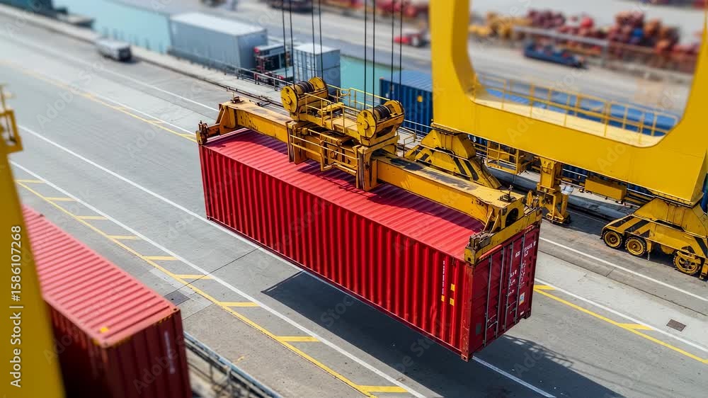 Poster overhead view of a yellow loading crane moving a red freight container in a busy harbor.