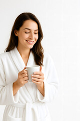 Relaxed Woman in White Bathrobe Sipping Coffee, Peaceful Morning Moment