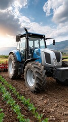 Obraz premium A blue tractor works diligently to plow a rich field as the sun sets in spring, highlighting the vibrant landscape