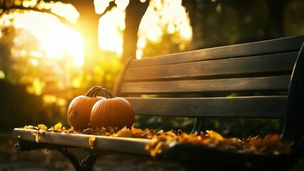 Halloween pumpkins on a park bench under a shower of falling autumn leaves at sunset, symbolizing fall season. All Hallows Eve, Samhain - Powered by Adobe