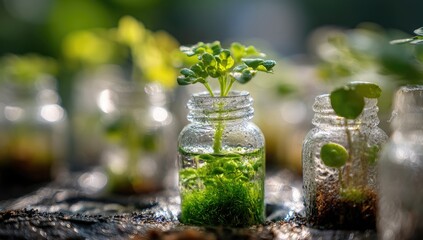 Small, green plants in clear glass bottles