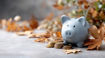 A blue piggy bank rests on the ground surrounded by golden autumn leaves, representing savings and the essence of financial planning