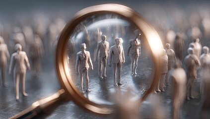 Magnifying glass focuses on a group of miniature business figures