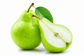 Two fresh green pears with leaf and half slice, healthy juicy fruit