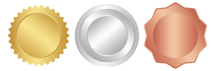 Gold, silver and bronze medals set vector illustration. 3d realistic award seals isolated on white background. Golden design element for labels, certificates, badges, winners.Eps10