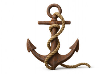 Rusty nautical anchor with thick rope tied around it isolated on transparent background