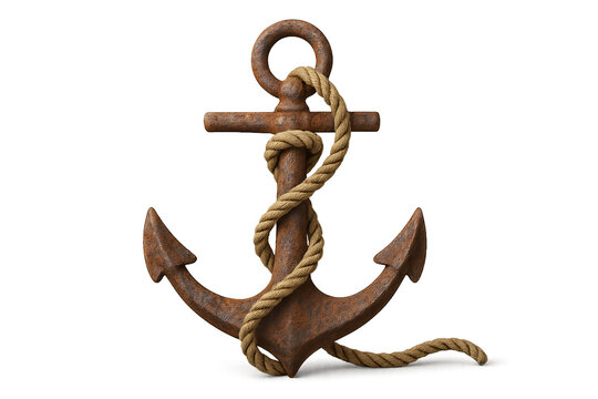 Rusty nautical anchor with thick rope tied around it isolated on transparent background