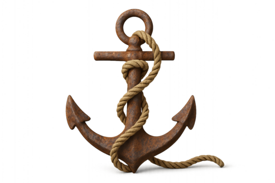 Rusty nautical anchor with thick rope tied around it isolated on transparent background