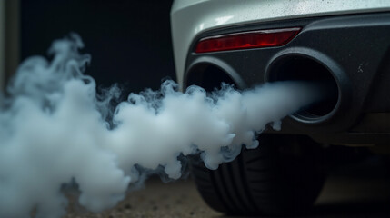 Gray exhaust smoke flows from a car tailpipe during a late afternoon drive in a city
