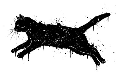 Cat Jumping Drip Splatter Abstract Surreal Paint Messy Deep Solid Black Black and White Outline Line Art Drawing