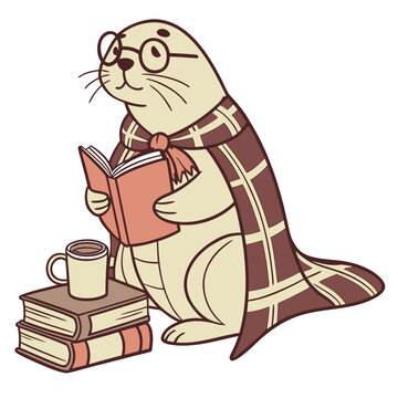 Naklejki Relaxed Weddell seal with wearing a cape, set in a charming Bookworm Day theme – Cozy Reading color vector art
