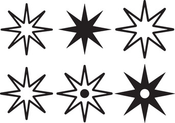 Six black starburst shapes on white background graphic
