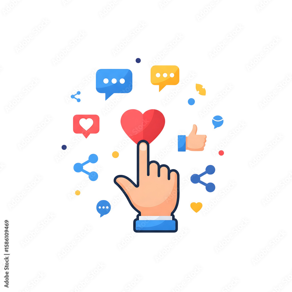 Poster hand clicking red heart icon surrounded by social media symbols like speech... isolated on a transpa