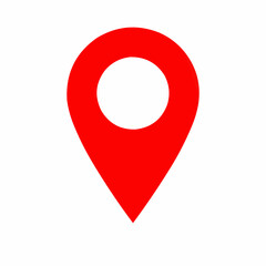 Red location pin icon, pointing downwards, isolated on a white background.