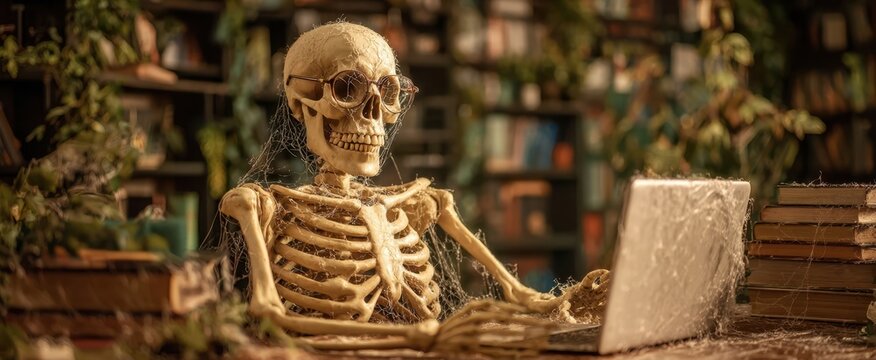 The skeleton working intently on a computer in an overgrown library setting.