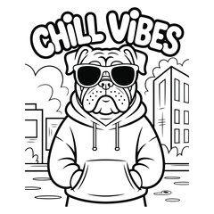 Bulldog wearing sunglasses and hoodie cool urban dog illustration vector for coloring page