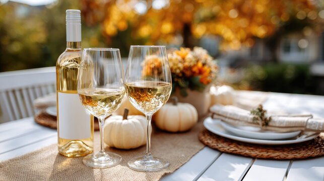 A beautifully arranged table showcases white wine glasses, candles, and pumpkins set on soft burlap fabric in a garden for autumn dining