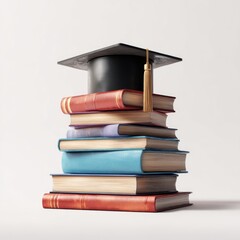Graduation cap atop a stack of colorful hardback books