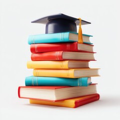 Stack of colorful books topped with a graduation cap