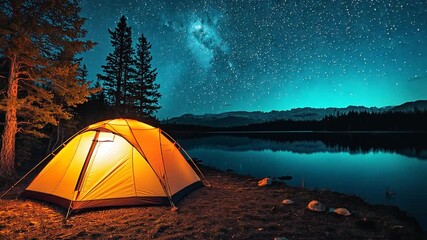 glowing orange tent lakeside pine forest night sky long exposure camping video - Powered by Adobe