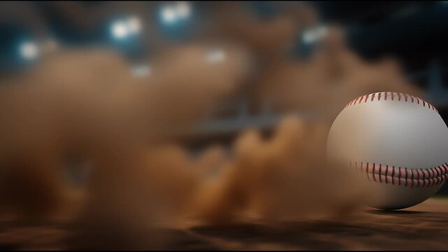 Baseball ball flying through stadium dust with leather on wooden field under bright lights creating dynamic sport scene