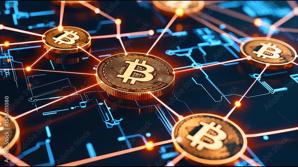 Poster cryptocurrency digital coin network glowing lines dark futuristic circuit board background blockchai