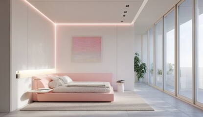 Modern, minimalist bedroom with pale pink accents