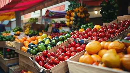 Vibrant fruit market scene with colorful produce displays and shoppers browsing in the background