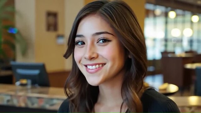 Young woman smiling at reception desk