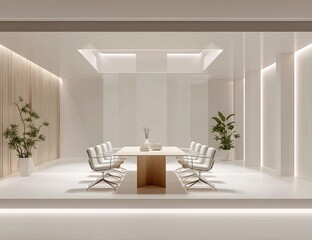 Modern minimalist conference room with light beige/wooden accents