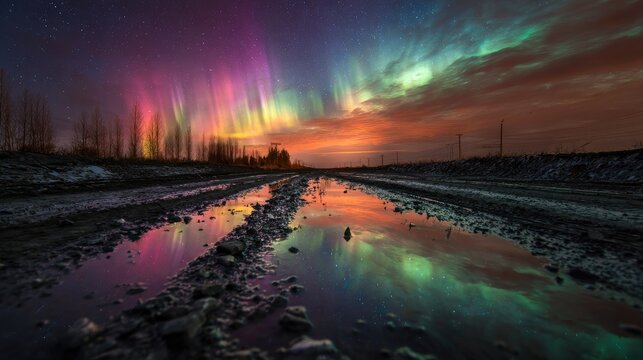 Aurora borealis reflected in a puddle