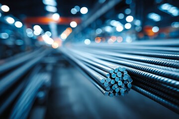 Steel rebar plant with dense rows of product 