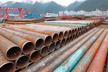 Steel pipe factory with long product lines in yard 