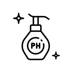 PH balanced packaging of cosmetics and hygienic product. Optimal level of acidity and alkalinity. Hygiene Skin, Wash, Cleansing Concept. Isolated Vector Outline Icon.