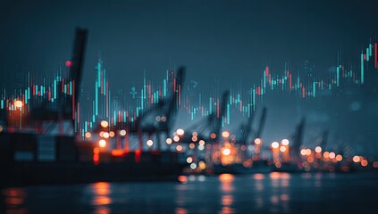 Night port cityscape overlaid with stock market charts
