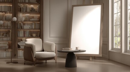 A cozy reading nook with a large blank canvas.