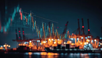Night port with financial charts overlaid