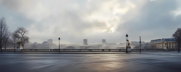 Parisian bridge vista on a misty morning.