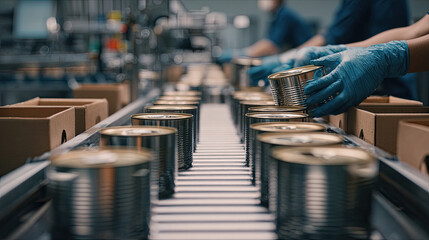 Canned goods on a conveyor belt being handled by workers wearing blue gloves in a factory setting