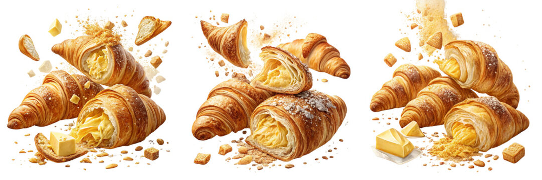 Set of Fresh baked butter breakfast croissants and crumbs falling flying isolated on a transparent background - Powered by Adobe
