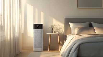 Modern air purifier in a tranquil bedroom setting.