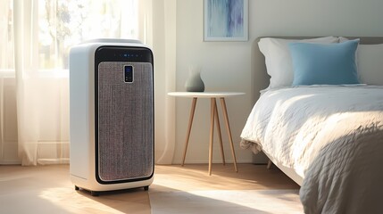 Modern air purifier in a bedroom setting.