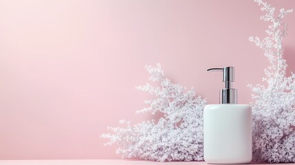 White pump bottle with decorative white branches on a light pink background.