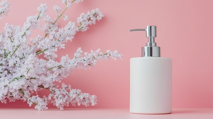 White ceramic pump bottle and spring blossoms against a pink background.