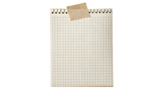 Open grid paper notebook with brown tape attached to the spiral binding isolated on transparent background